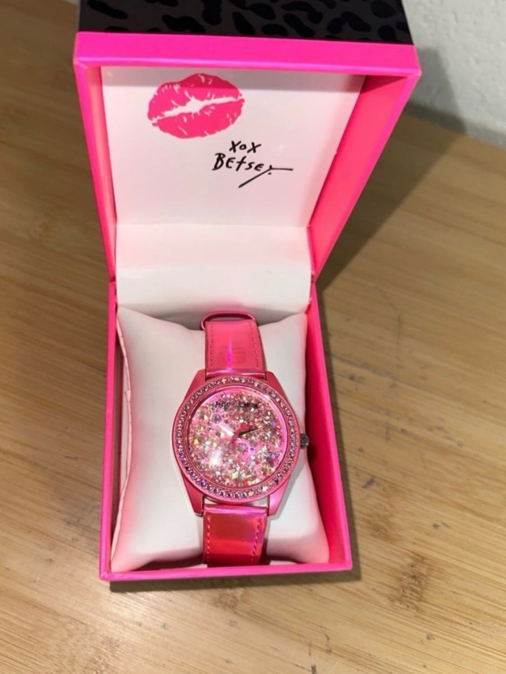 Betsey Johnson Hot Pink Crystal-Filled Dial Women's Watch